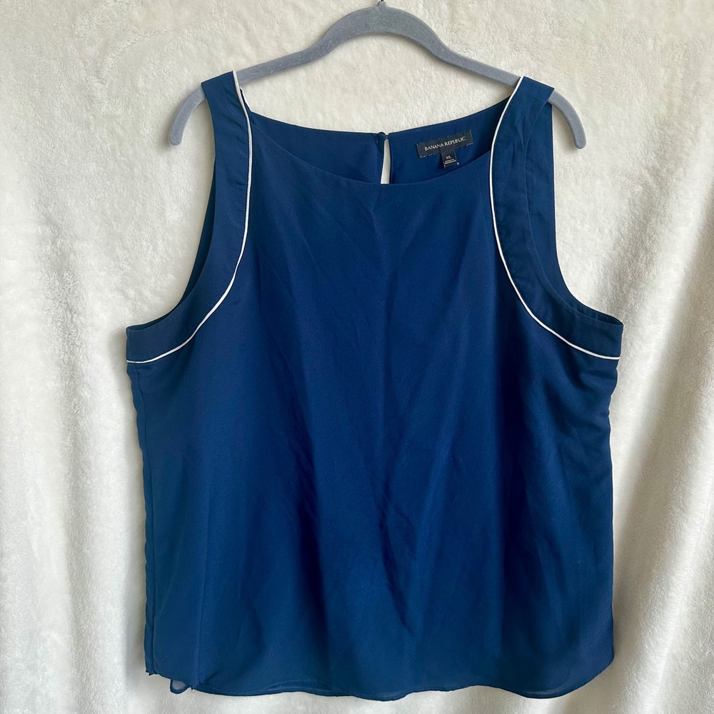 Banana Republic Navy Blue White Piping Chiffon Sleeveless Blouse XL